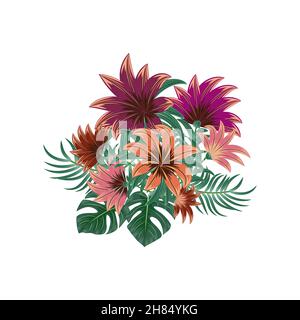 Vector tropical bouquet of palm tree leaves and  flowers isolated on white background. Hawaiian style for invitation, wedding or greeting cards. Stock Vector