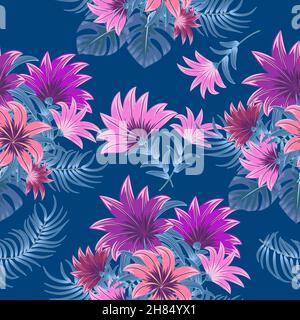 Seamless pattern with blue tropical palm leaves and pink flowers on dark blue background.  Floral decorative illustration vector, for print design Stock Vector