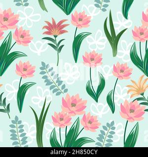 Seamless pattern with pink flowers and tropical leaves, vector  background,  plants, botanical design for fashion, fabric, wallpaper Stock Vector