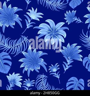 Seamless pattern with blue tropical palm leaves and flowers on dark blue background.  Floral decorative illustration vector, for print design Stock Vector