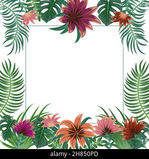 Tropical frame of exotic flowers and palm leaves with copy space for text. For party invitations, wedding cards and sale posters.  Vector illustration Stock Vector