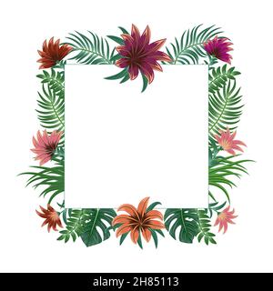 Tropical frame of exotic flowers and palm leaves with copy space for text. For party invitations, wedding cards and sale posters.  Vector illustration Stock Vector