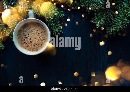 Close up of cup of coffee on black wooden background Stock Photo