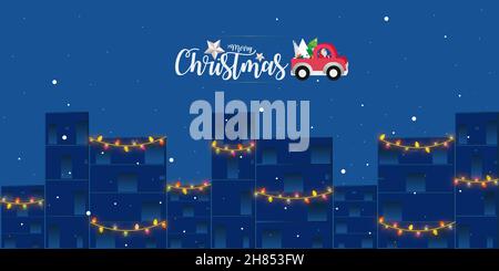 Merry Christmas and Happy New Year banner. Christmas night city. Holiday poster, header for website, greeting card, flyer. Stock Vector