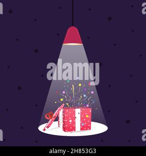 Open Gift Box with fly stars and confetti. Christmas Background. Stock Vector