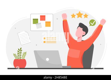 Task Complete Successfully Completed task concept. Happy man joy at done work tasks on computer ...