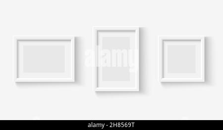 Photo frames on wall. White picture frame set. Vector empty realistic gallery Stock Vector