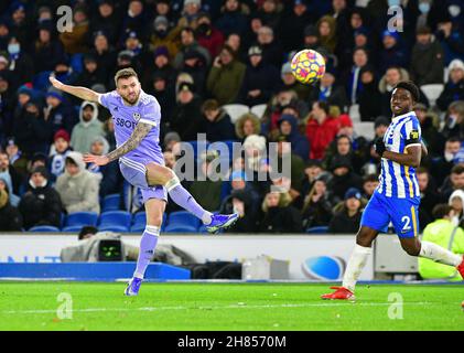 Brighton, UK. 27th Nov, 2021. Stuart Dallas of Leeds United has an attempt on goal during the Premier League match between Brighton & Hove Albion and Leeds United at The Amex on November 27th 2021 in Brighton, England. (Photo by Jeff Mood/phcimages.com) Credit: PHC Images/Alamy Live News Stock Photo