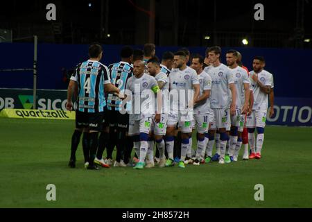 Players of Gremio during the game between Palmeiras and Gremio for the 34th  round of the Brazilian league, known locally as Campeonato Brasiliero. The  game took place at the Allianz Parque in