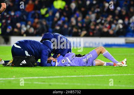 Brighton, UK. 27th Nov, 2021. Diego Llorente of Leeds United receives treatment during the Premier League match between Brighton & Hove Albion and Leeds United at The Amex on November 27th 2021 in Brighton, England. (Photo by Jeff Mood/phcimages.com) Credit: PHC Images/Alamy Live News Stock Photo