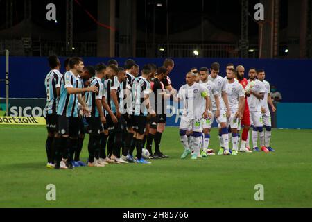 Players of Gremio during the game between Palmeiras and Gremio for the 34th  round of the Brazilian league, known locally as Campeonato Brasiliero. The  game took place at the Allianz Parque in