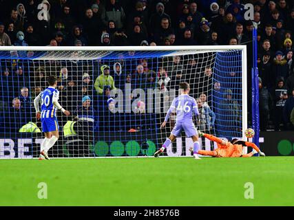 Brighton, UK. 27th Nov, 2021. Illan Meslier Goalkeeper of Leeds United makes a vital save during the Premier League match between Brighton & Hove Albion and Leeds United at The Amex on November 27th 2021 in Brighton, England. (Photo by Jeff Mood/phcimages.com) Credit: PHC Images/Alamy Live News Stock Photo