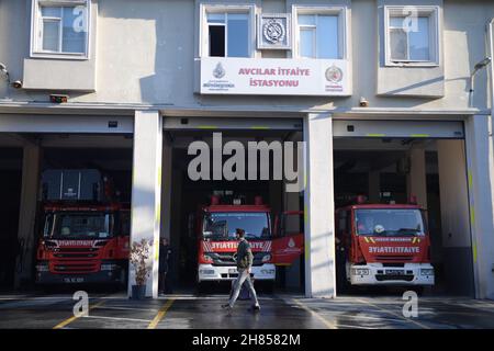 Istanbul, Turkey. 22nd Nov, 2021. A man walks past fire trucks at the Avcilar fire station in Istanbul, Turkey, on Nov. 22, 2021. Credit: Sadat/Xinhua/Alamy Live News Stock Photo