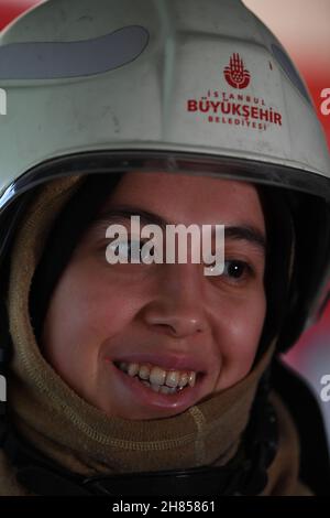 Istanbul, Turkey. 22nd Nov, 2021. Sevda Hanbas, a firefighter at the Avcilar fire station, is interviewed in Istanbul, Turkey, on Nov. 22, 2021. Credit: Sadat/Xinhua/Alamy Live News Stock Photo