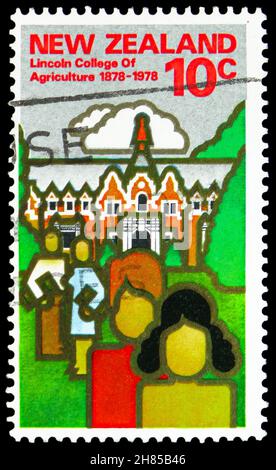 MOSCOW, RUSSIA - OCTOBER 24, 2021: Postage stamp printed in New Zealand shows Centenary of Lincoln College, Agriculture 1978 serie, circa 1978 Stock Photo