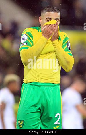 Norwich, UK. 27th Nov, 2021. Max Aarons of Norwich City reacts during the game. Premier League match, Norwich City v Wolverhampton Wanderers at Carrow Road in Norwich on Saturday 27th November 2021. this image may only be used for Editorial purposes. Editorial use only, license required for commercial use. No use in betting, games or a single club/league/player publications. pic by Steffan Bowen/Andrew Orchard sports photography/Alamy Live news Credit: Andrew Orchard sports photography/Alamy Live News Stock Photo