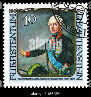 MOSCOW, RUSSIA - OCTOBER 24, 2021: Postage stamp printed in Liechtenstein shows Aleksandr V. Suvorov, Paintings of famous visitors serie, circa 1984 Stock Photo