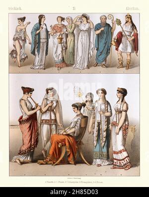 Costumes of fashion of Ancient Greece, Greek, Dancer, women, actors, flute player, women Stock Photo