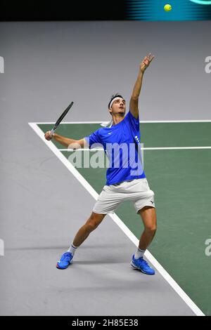 Turin, Italy. 26th Nov, 2021. Tennis - Davis Cup Group D qualification for quarter finalsItalia vs Usa Pala Alpitour, Turin, Italy November 26, 2021 Italy's Lorenzo Sonego in action during his match against Reilly Opelka of the U.S (Photo by Tonello Abozzi/Pacific Press/Sipa USA) Credit: Sipa USA/Alamy Live News Stock Photo