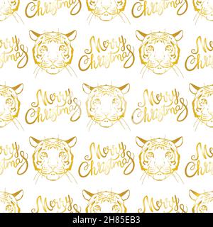 Hand-drawn vector abstract creative seamless pattern with tiger face, gold foil texture isolated on a white background. Design for fashion fabric, dec Stock Vector