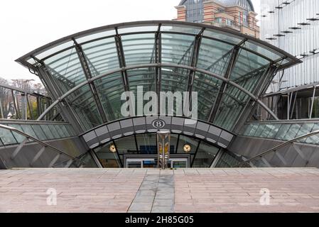 Ixelles, Brussels Capital Region, Belgium - 11 19 2021: Entrance of the Luxemburg railway station at the esplanade of the European Parliament Stock Photo