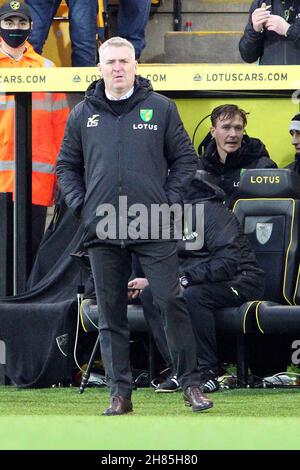 Norwich, UK. 27th Nov, 2021. Norwich City managerÊDean Smith during the Premier League match between Norwich City and Wolverhampton Wanderers at Carrow Road on November 27th 2021 in Norwich, England. (Photo by Mick Kearns/phcimages.com) Credit: PHC Images/Alamy Live News Stock Photo