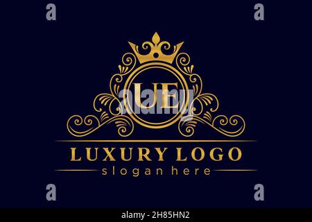 UE Initial Letter Gold calligraphic feminine floral hand drawn heraldic monogram antique vintage style luxury logo design Premium Stock Vector