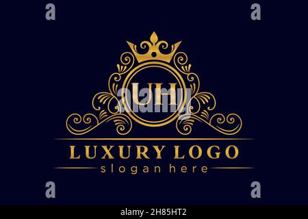 UH Initial Letter Gold calligraphic feminine floral hand drawn heraldic monogram antique vintage style luxury logo design Premium Stock Vector