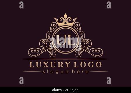 UL Initial Letter Gold calligraphic feminine floral hand drawn heraldic monogram antique vintage style luxury logo design Premium Stock Vector