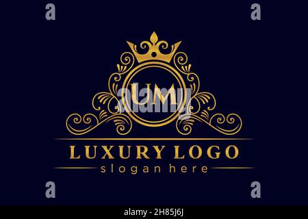 UM Initial Letter Gold calligraphic feminine floral hand drawn heraldic monogram antique vintage style luxury logo design Premium Stock Vector