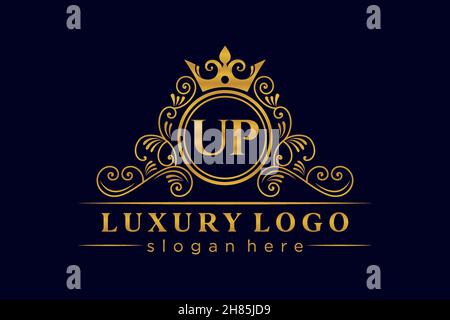 UP Initial Letter Gold calligraphic feminine floral hand drawn heraldic monogram antique vintage style luxury logo design Premium Stock Vector