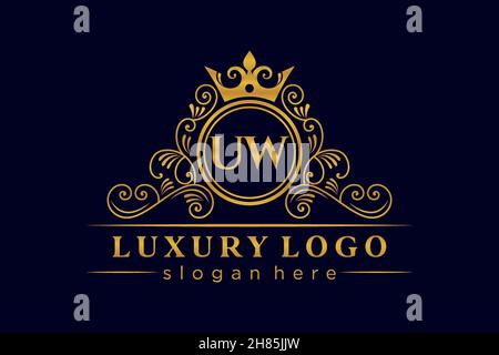 UW Initial Letter Gold calligraphic feminine floral hand drawn heraldic monogram antique vintage style luxury logo design Premium Stock Vector