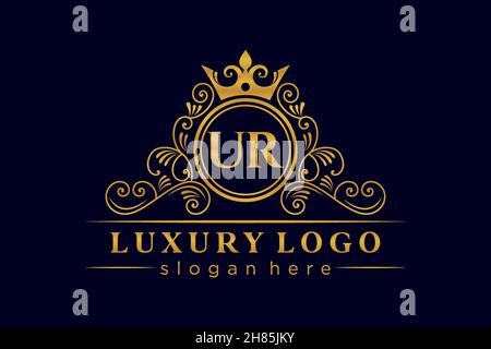 UR Initial Letter Gold calligraphic feminine floral hand drawn heraldic monogram antique vintage style luxury logo design Premium Stock Vector