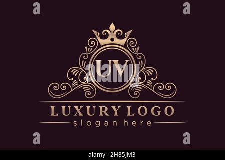UV Initial Letter Gold calligraphic feminine floral hand drawn heraldic monogram antique vintage style luxury logo design Premium Stock Vector