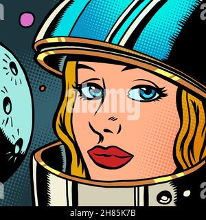 portrait of a female astronaut on the background of planets. a woman in space Stock Vector