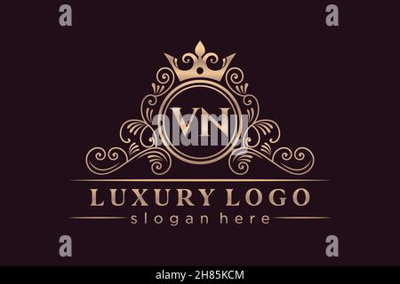 VN Initial Letter Gold calligraphic feminine floral hand drawn heraldic monogram antique vintage style luxury logo design Premium Stock Vector