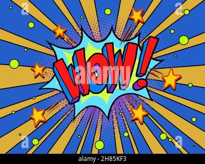 Comic lettering wow hand drawing retro vintage. Vector bright cartoon illustration in retro pop art style Stock Vector