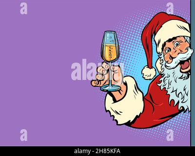 Santa Claus raises a glass of champagne. Christmas and New Year. Winter seasonal holiday Stock Vector