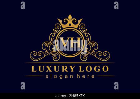 VH Initial Letter Gold calligraphic feminine floral hand drawn heraldic monogram antique vintage style luxury logo design Premium Stock Vector