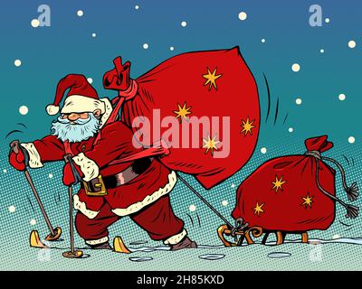 Santa Claus is skiing in the snow with a sled and gifts. Christmas and New Year. Winter seasonal holiday Stock Vector