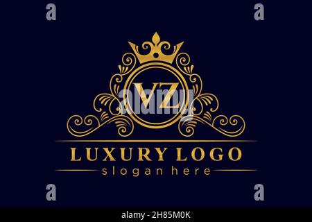 VZ Initial Letter Gold calligraphic feminine floral hand drawn heraldic monogram antique vintage style luxury logo design Premium Stock Vector