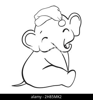 Hand drawn vector illustration of a cute funny elephant in a Santa hat Stock Vector