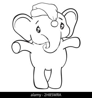 Hand drawn vector illustration of a cute funny elephant in a Santa hat Stock Vector