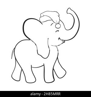 Hand drawn vector illustration of a cute funny elephant in a Santa hat Stock Vector