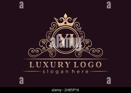 YI Initial Letter Gold calligraphic feminine floral hand drawn heraldic monogram antique vintage style luxury logo design Premium Stock Vector