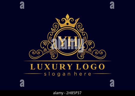 YH Initial Letter Gold calligraphic feminine floral hand drawn heraldic monogram antique vintage style luxury logo design Premium Stock Vector