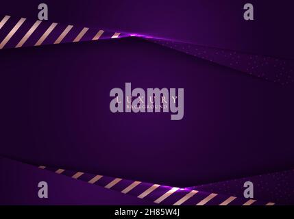 3D elegant template abstract background purple paper art layer with gold stripes pattern. Luxury style. Vector illustration Stock Vector
