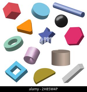 Set of multicolor 3D geometric shapes isolated on white background. Geometry elements glossy different design. Vector graphic illustration Stock Vector