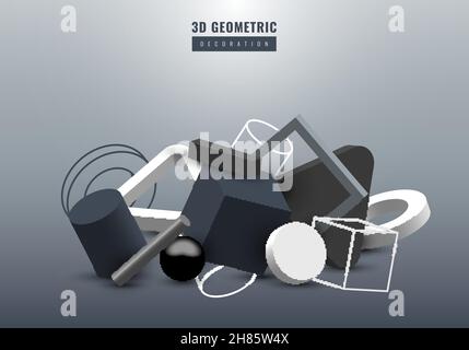 3D realistic black, white and gray geometric group decoration graphic minimal design. Vector graphic illustration Stock Vector