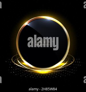 Abstract 3D black glossy circles golden ring round frame and lighting effect with gold particle on black background. Luxury style. Vector illustration Stock Vector